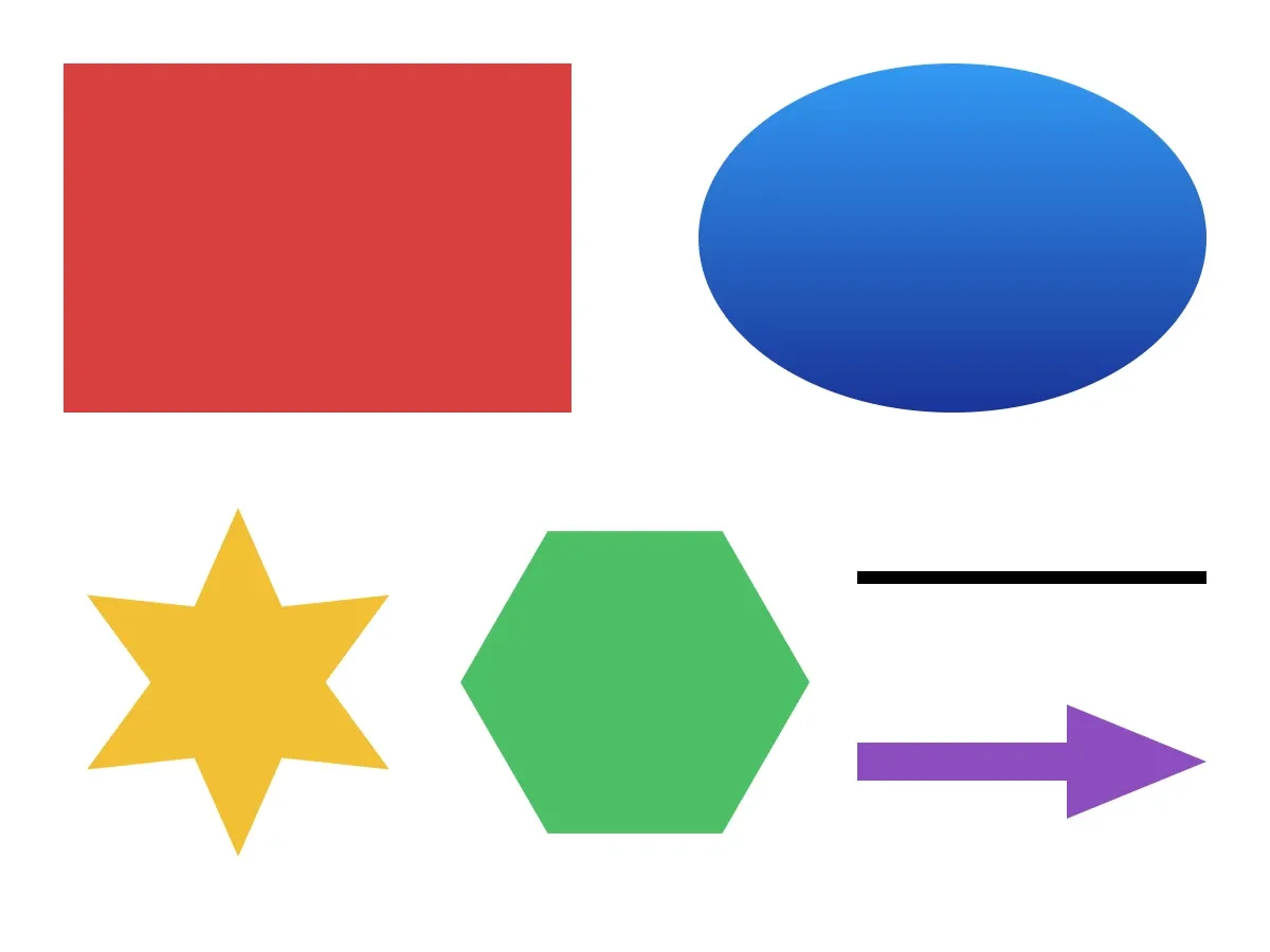 Six shape types — rectangle, ellipse, star, polygon, line, and vector path — rendered side by side with solid colors and a linear gradient