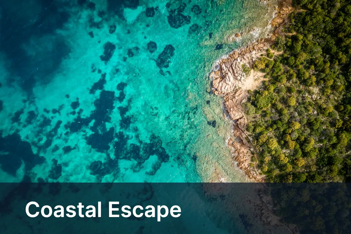 An aerial coastal photo with a dark title banner and a white “Coastal Escape” heading — the source design that the thumbnails preview.
