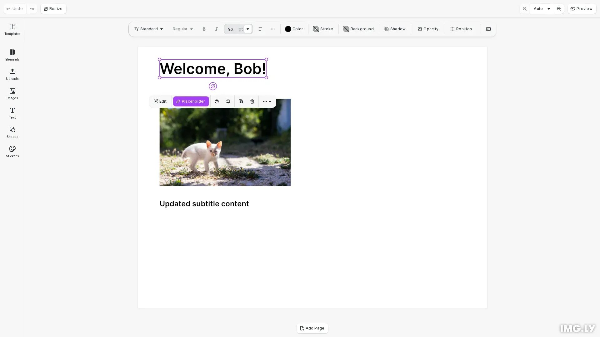 Replace Content example showing a template with placeholder text and images
