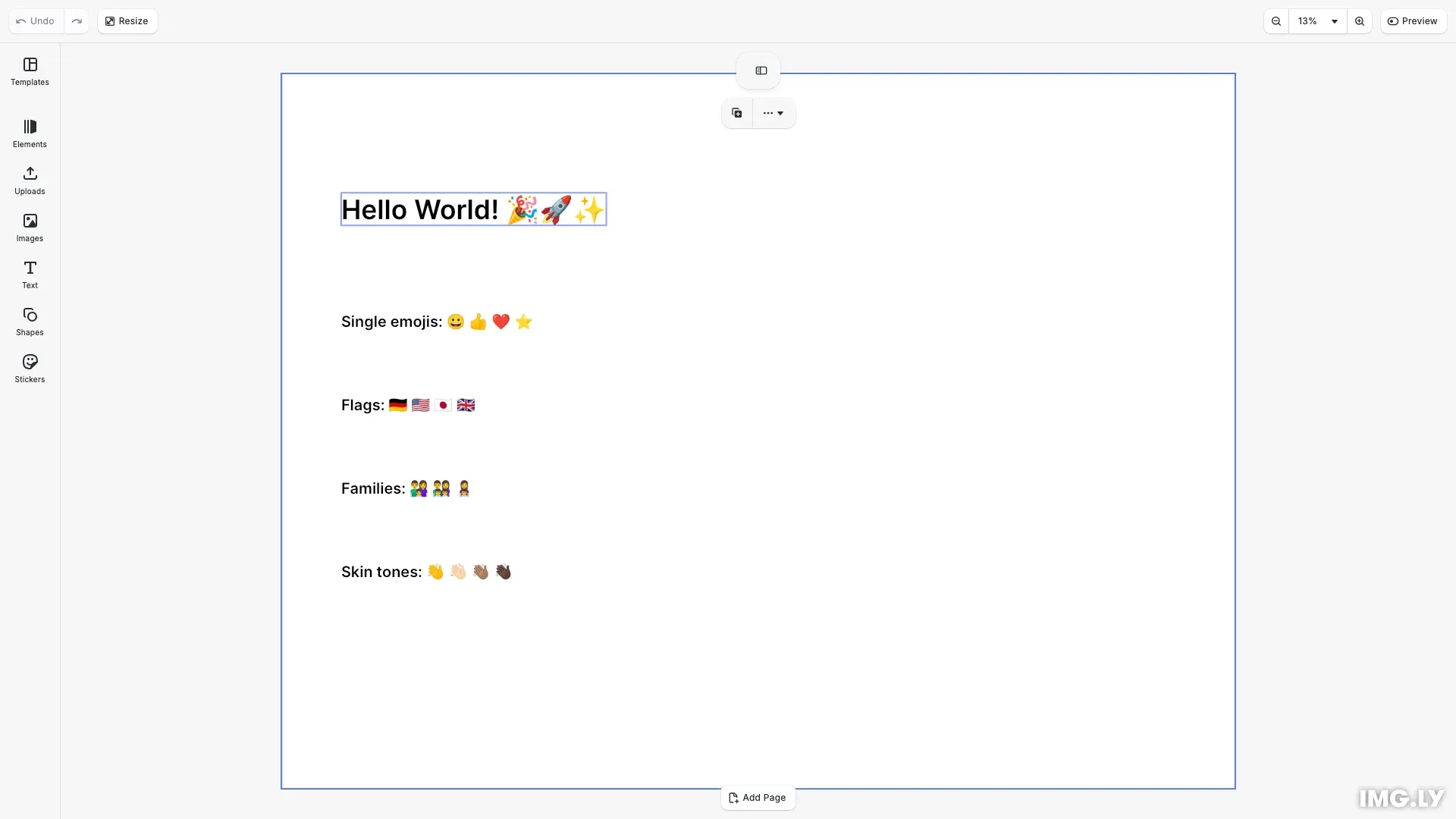 Emojis example showing text blocks with various emoji types