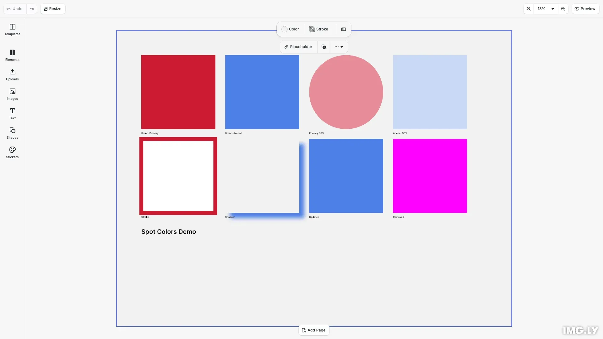 Spot Colors example showing blocks with various spot color fills and tints