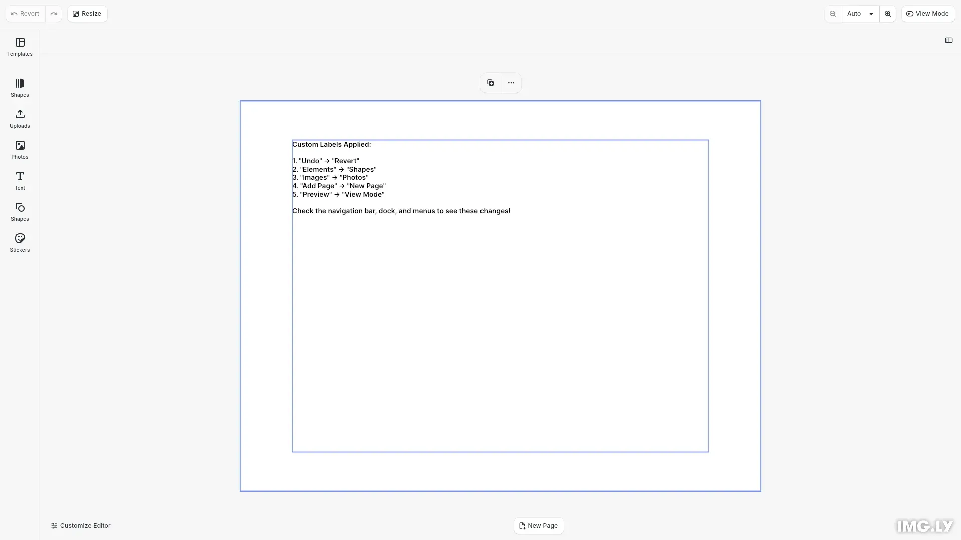 Custom Labels example showing CE.SDK with customized UI text
