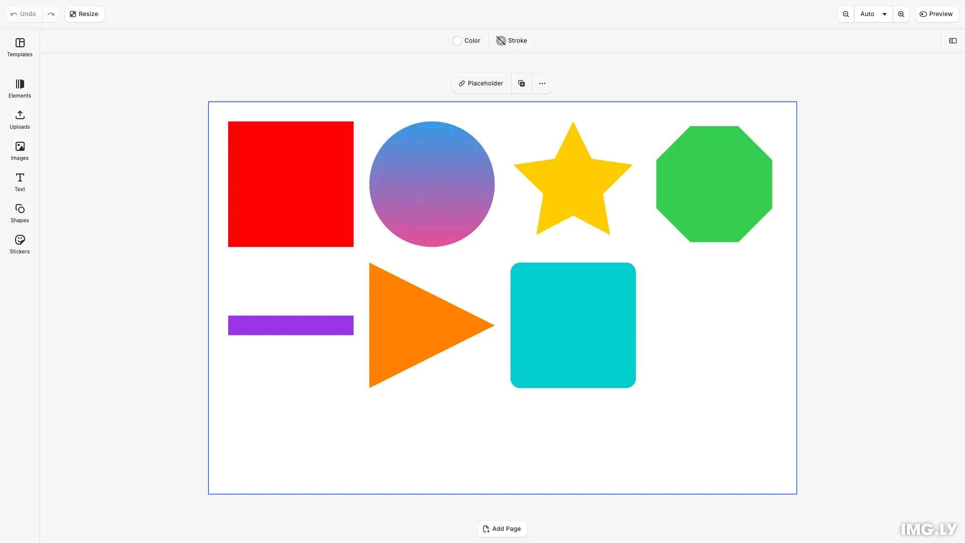 Create Shapes example showing various geometric shapes with different colors and fills