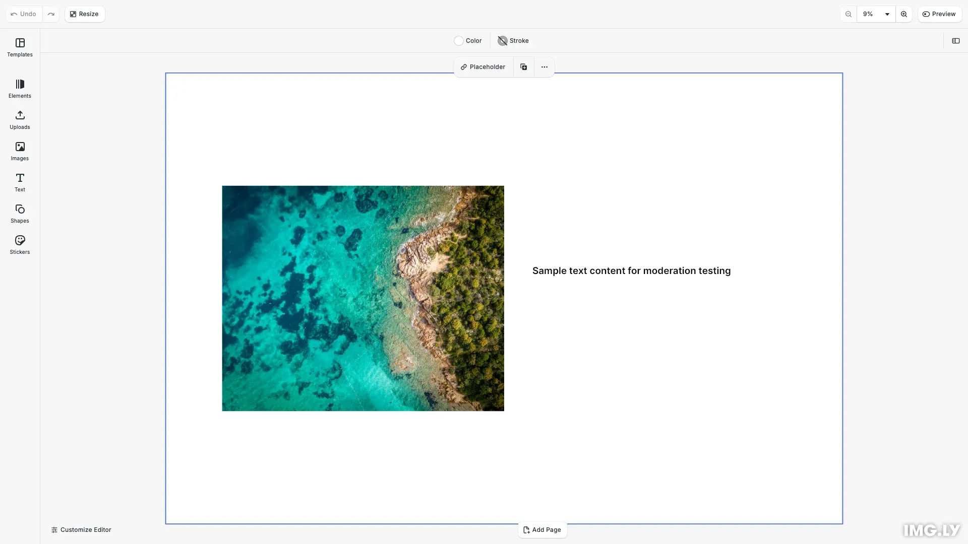 Content moderation example showing a design with validation results panel displaying moderation checks for images and text