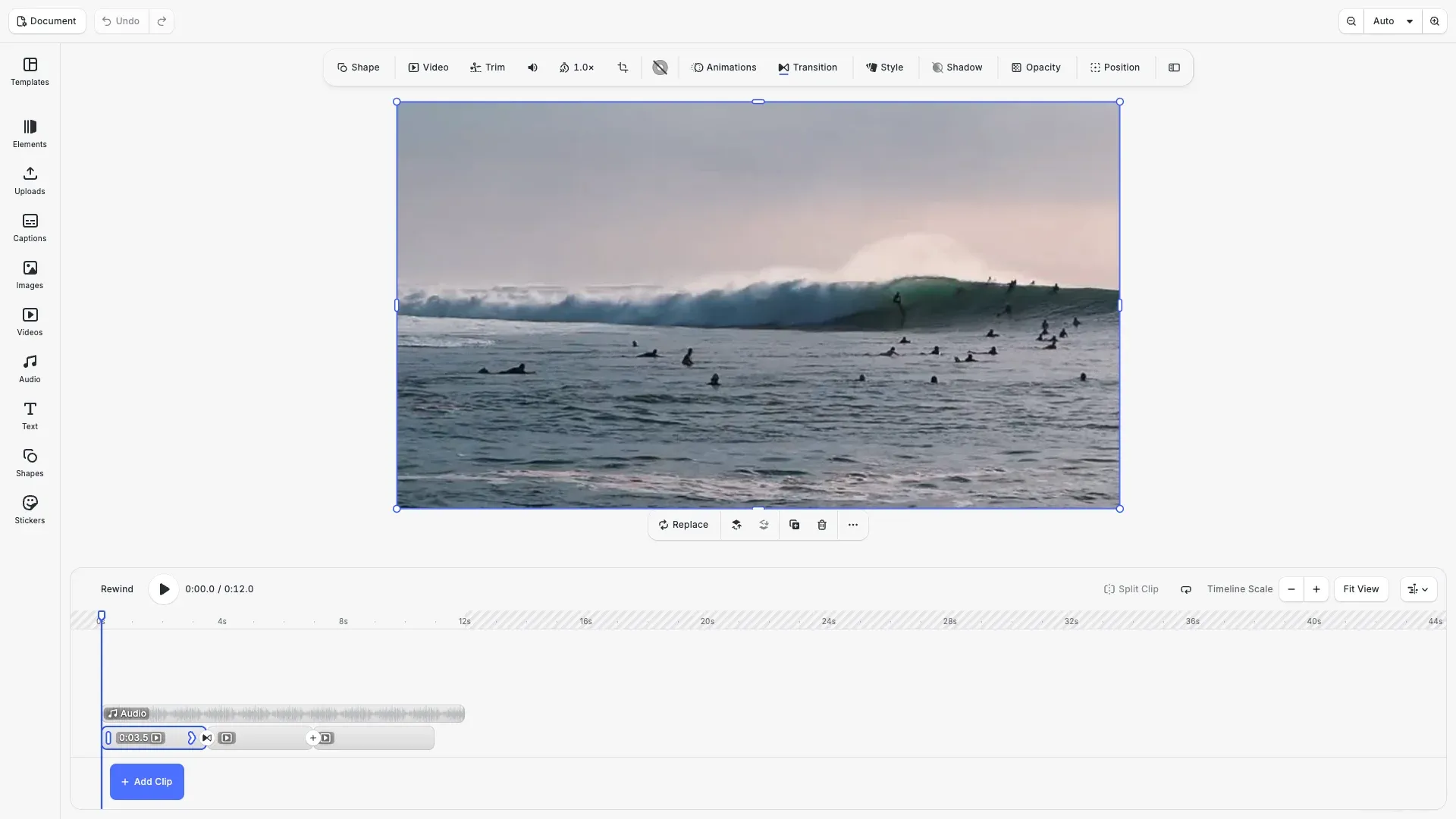 Video timeline customization showing a multi-track layout, an always-visible transition control, a fixed-height timeline, and a custom Rewind button