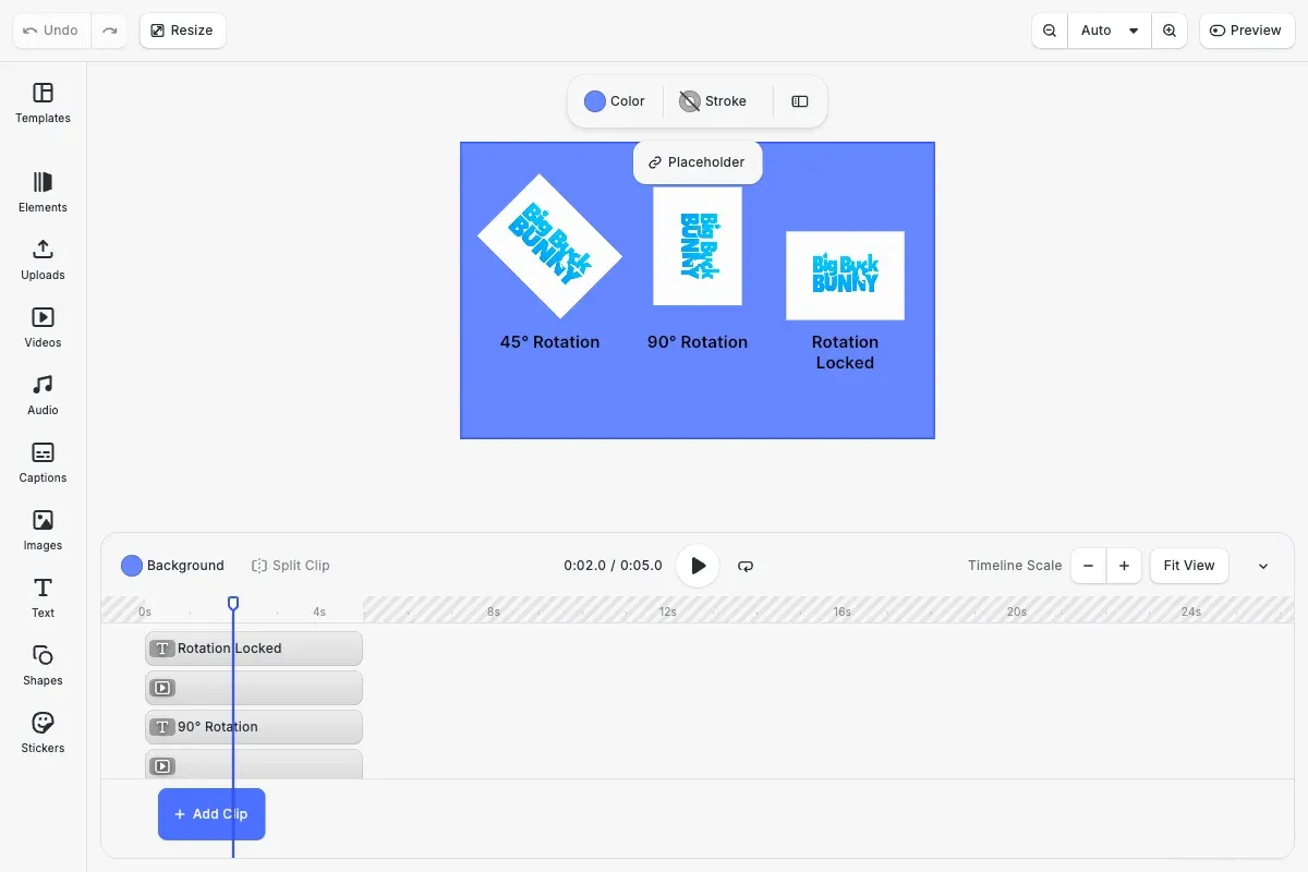 Rotate videos example showing videos at different rotation angles