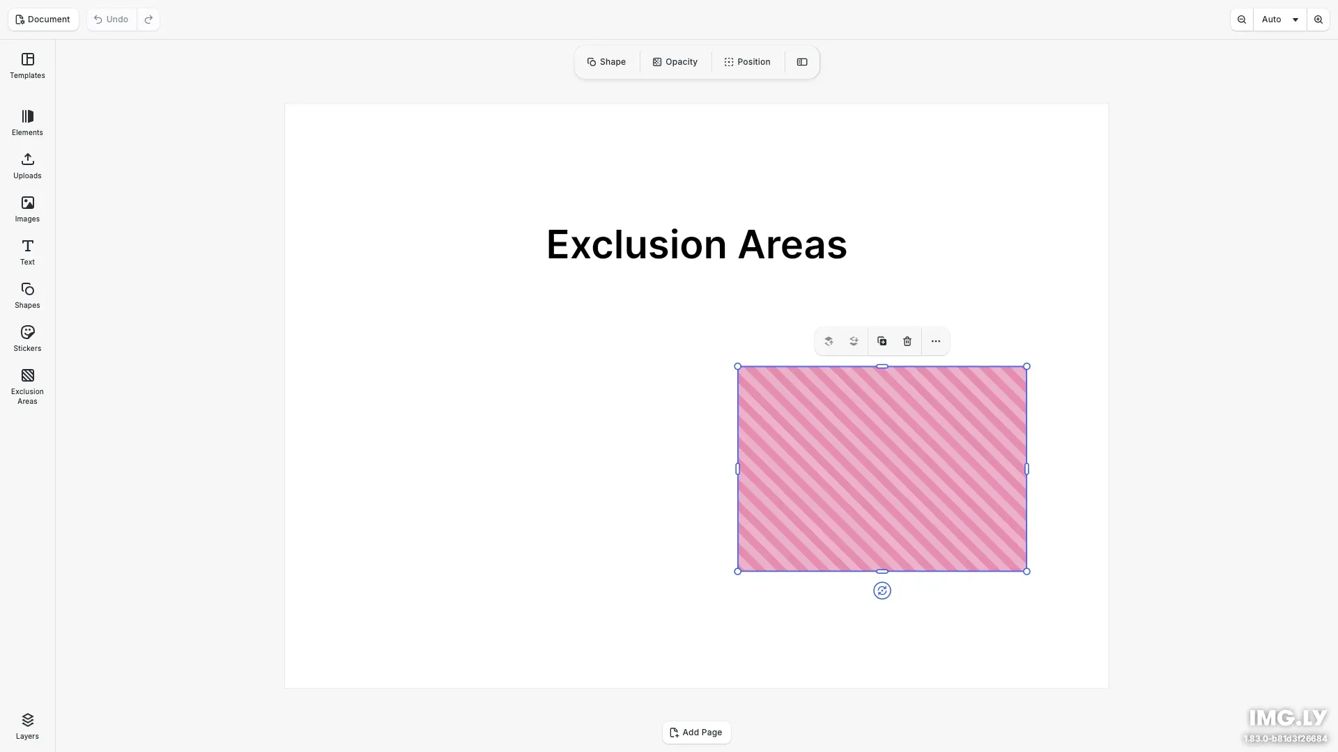 A striped exclusion area selected on a page, with an Exclusion Areas button in the dock