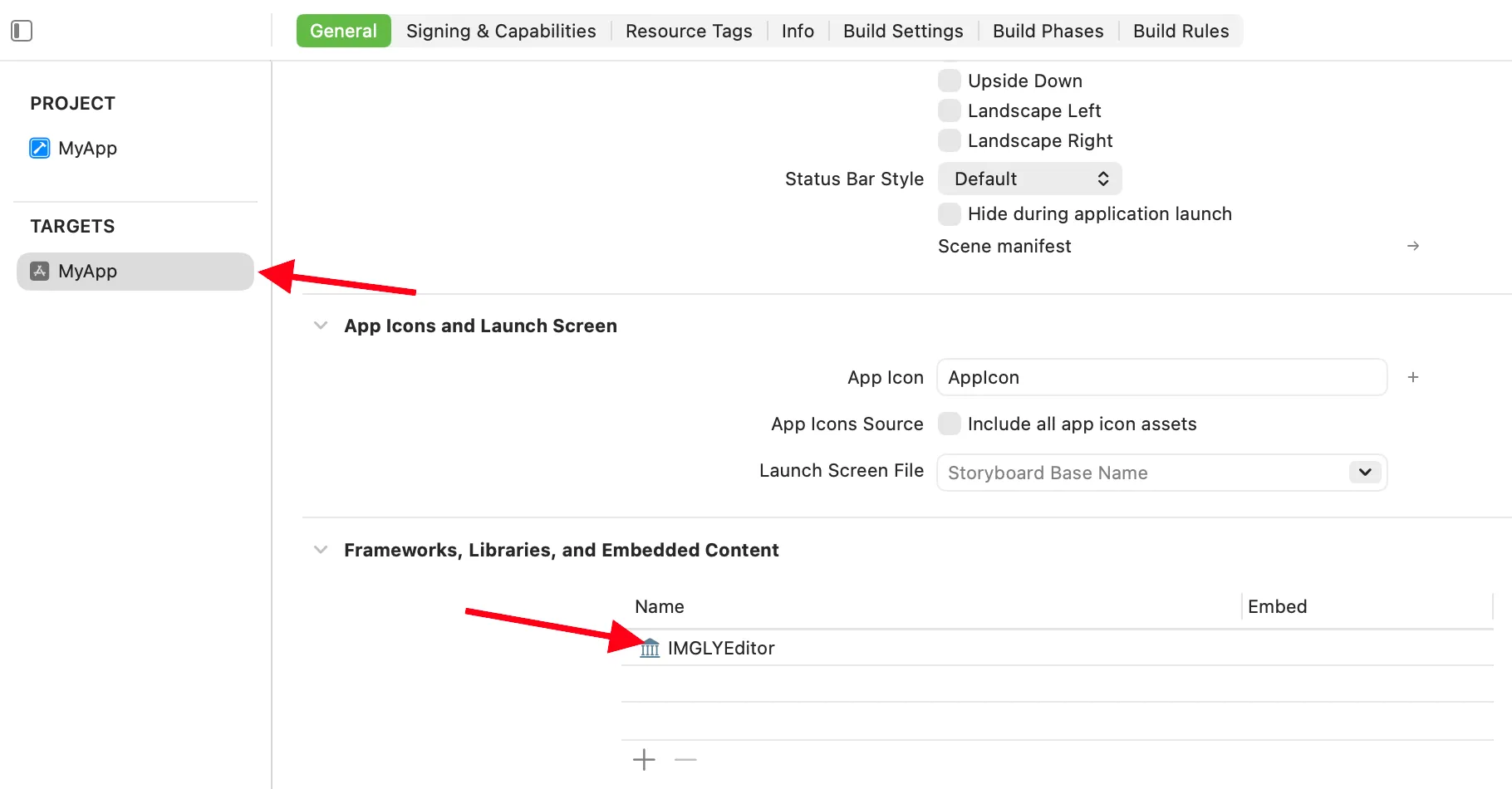 Target settings with IMGLYEditor in the frameworks list