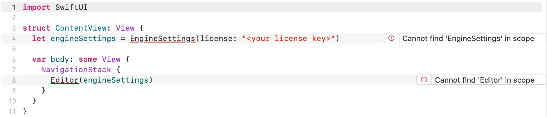 Xcode errors for EngineSettings and Editor without the import