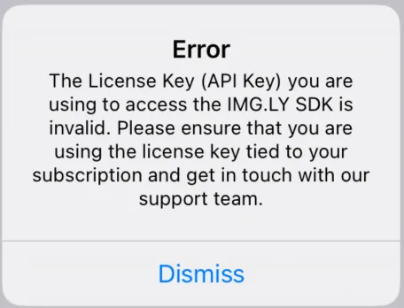 Error alert for an invalid license key