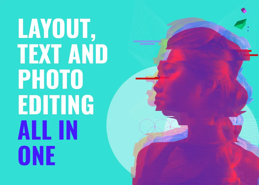 A postcard with text “Layout, text and photo editing. All in one” on the left and a red-tinted photo of a woman on the right