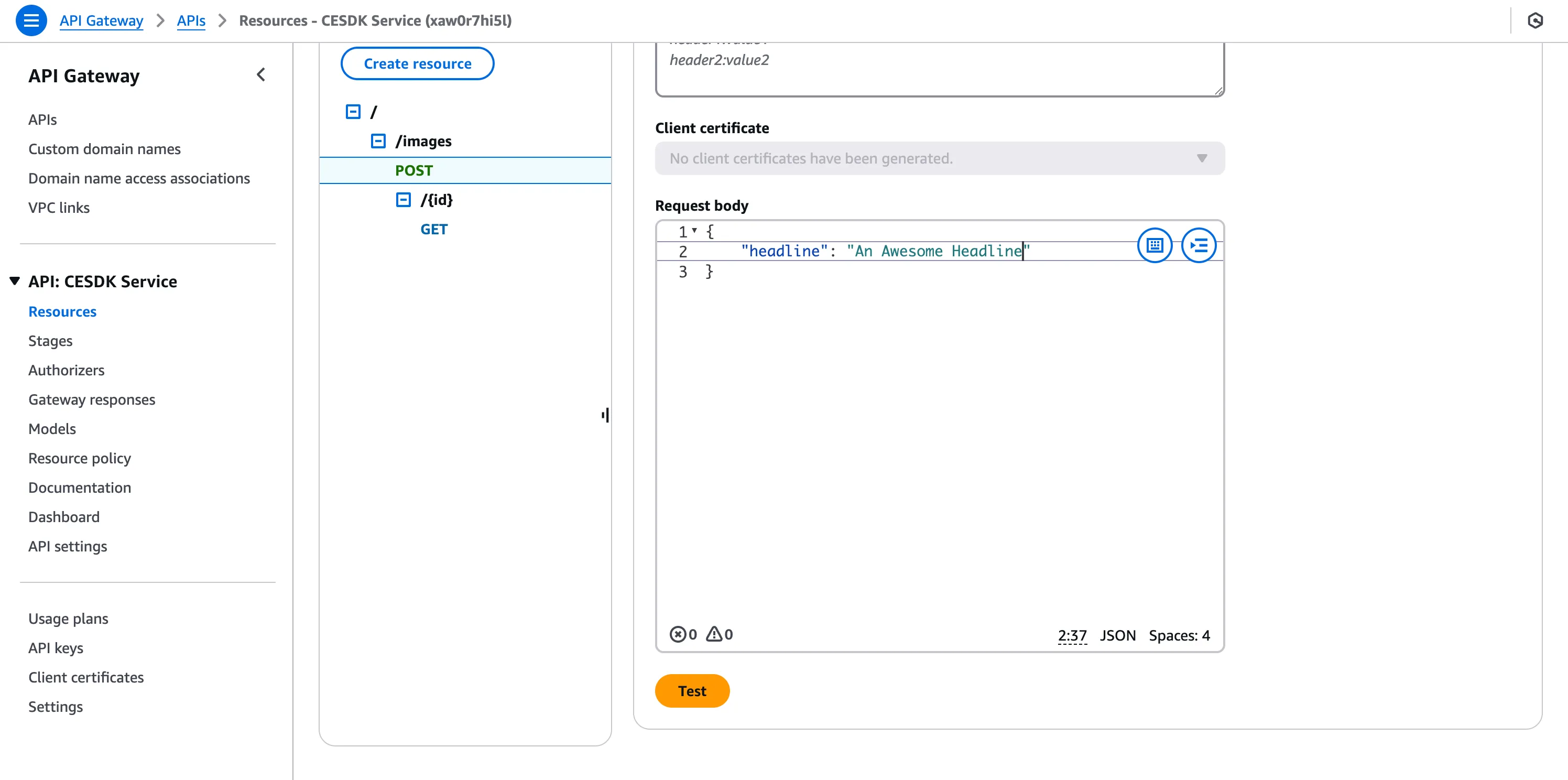 Screenshot for /images POST API test